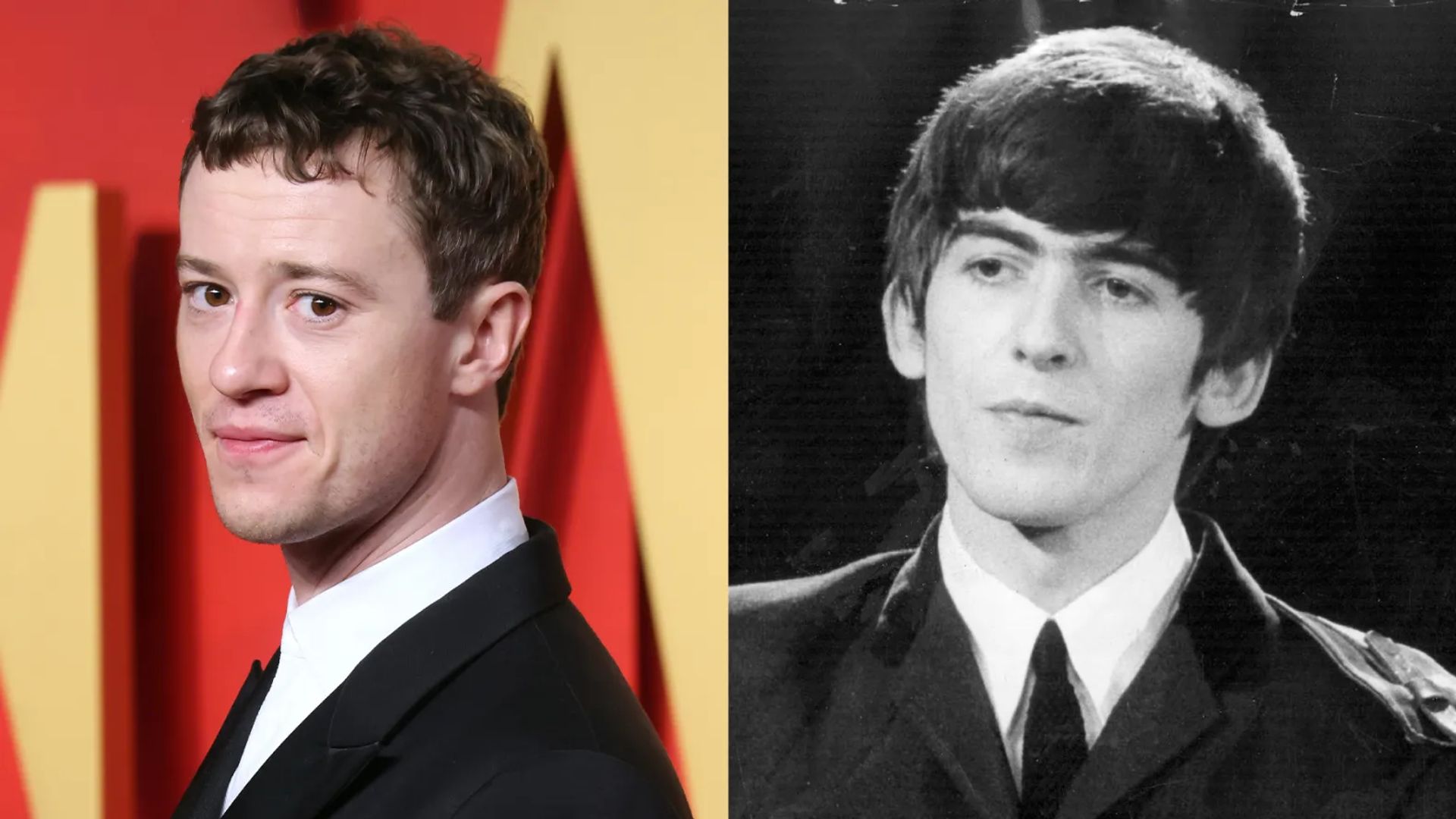 Collage di due foto: Joseph Quinn e il giovane George Harrison