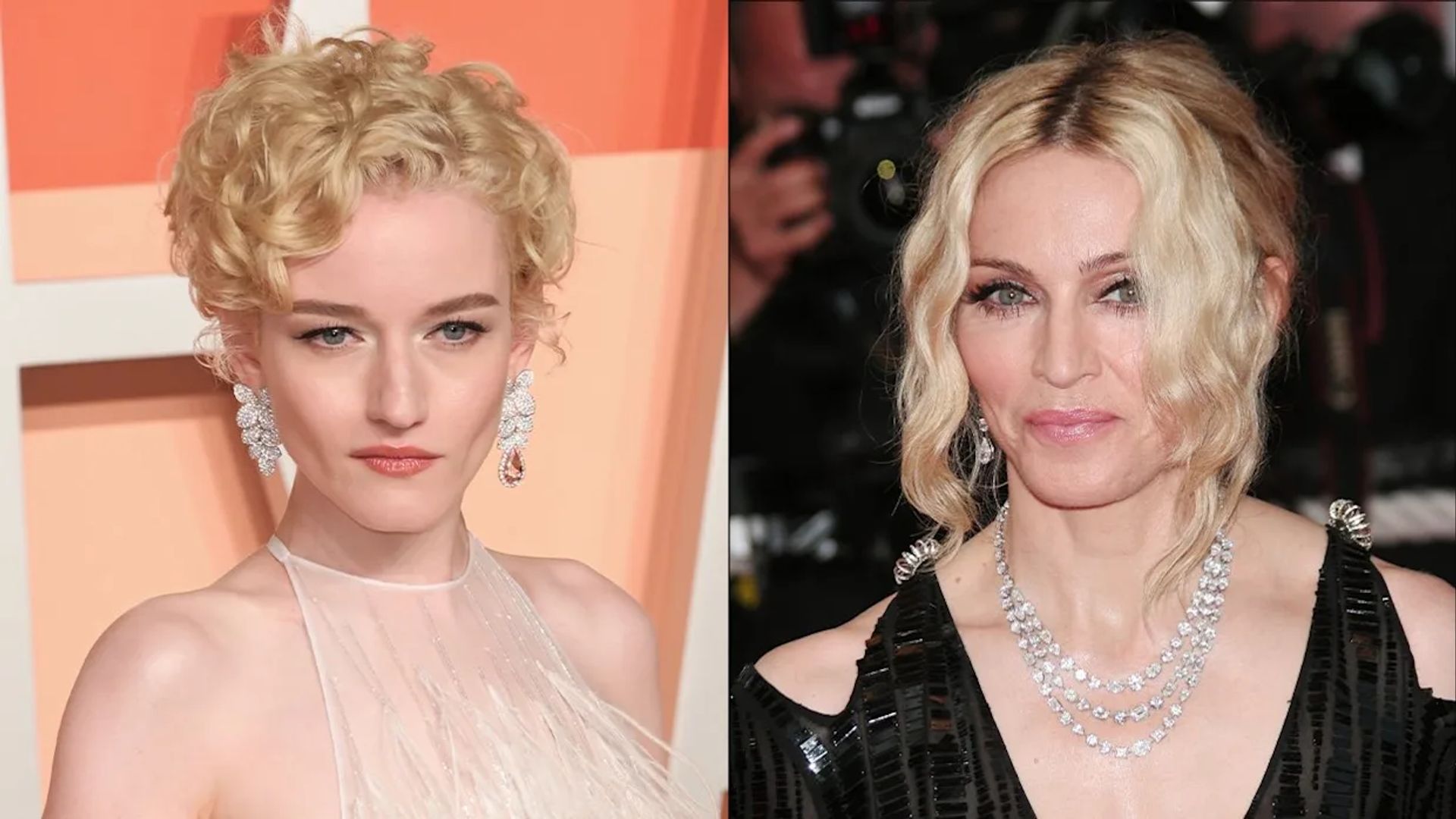 Collage di due foto: Julia Garner a sinistra, la cantante Madonna a destra