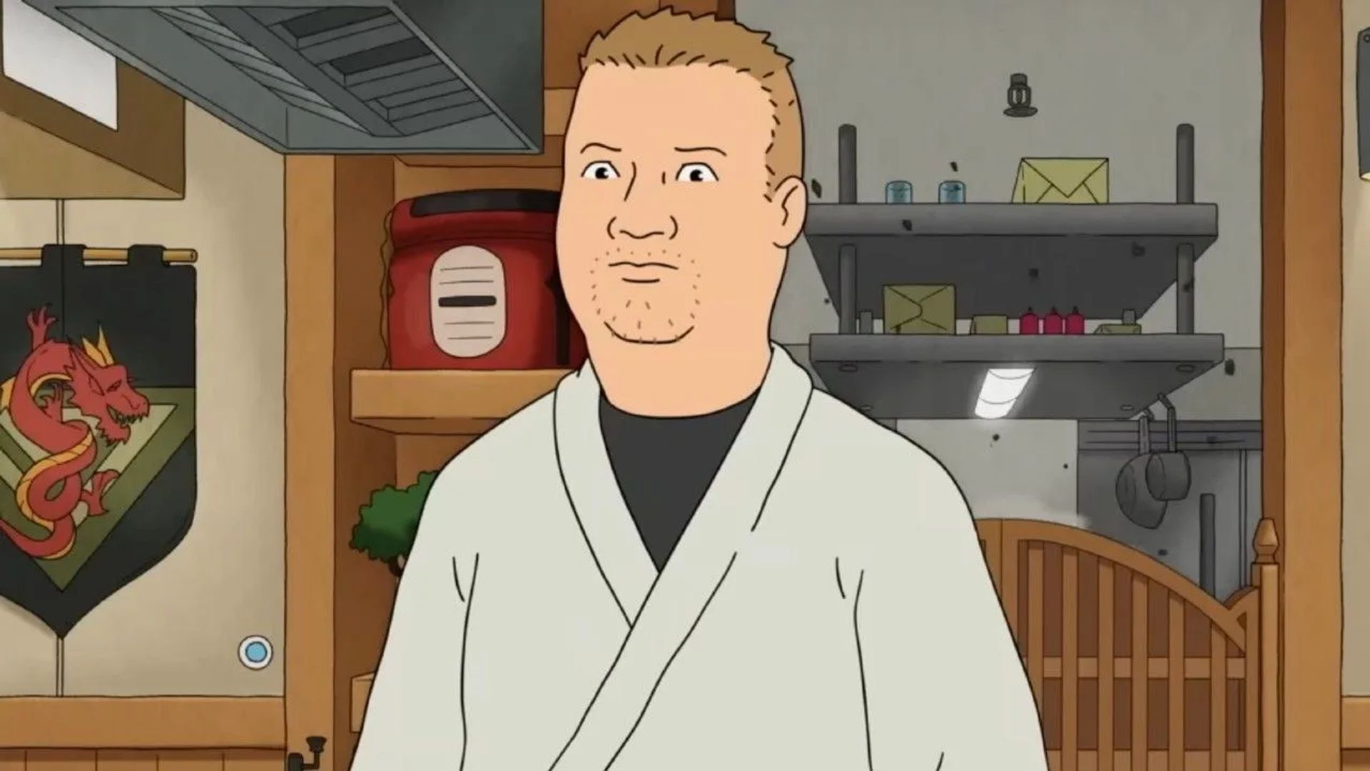 Una scena della serie animata King of the Hill con Bobby Hill adulto in accappatoio