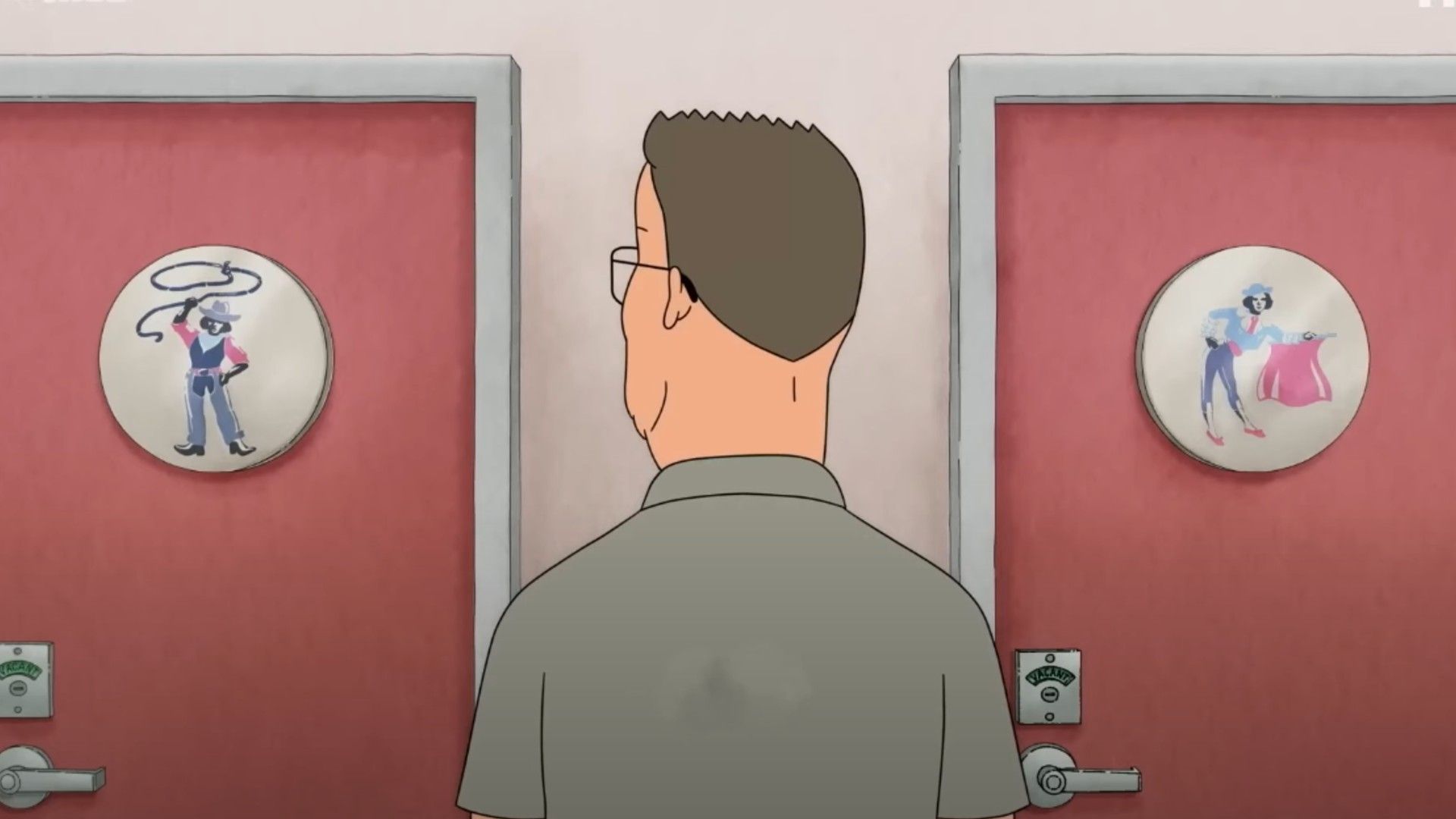 Una scena della serie animata King of the Hill che mostra Hank Hill mentre sceglie quale bagno usare