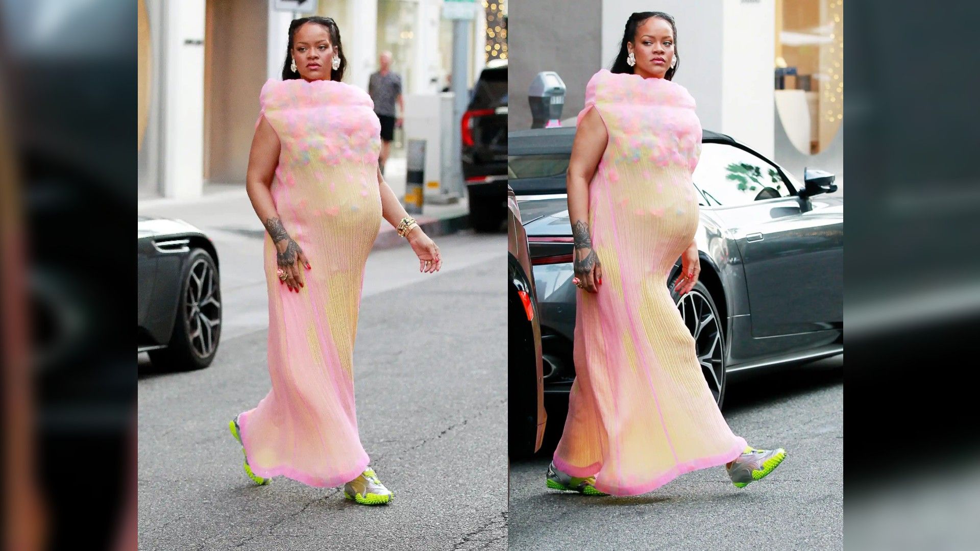 Rihanna incinta in un insolito abito rosa e sneakers che cammina per strada