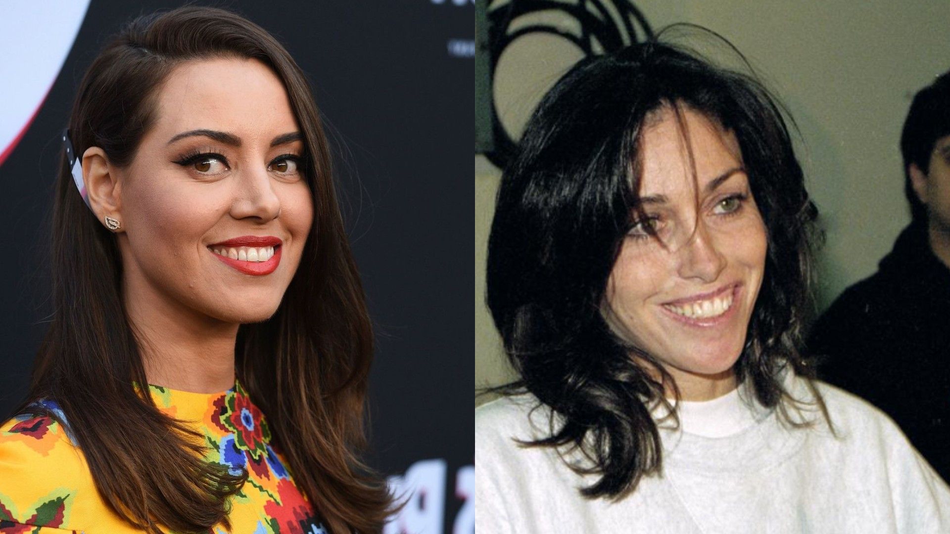 Collage di due foto: a sinistra, l'attrice Aubrey Plaza sorridente, a destra, Heidi Fleiss