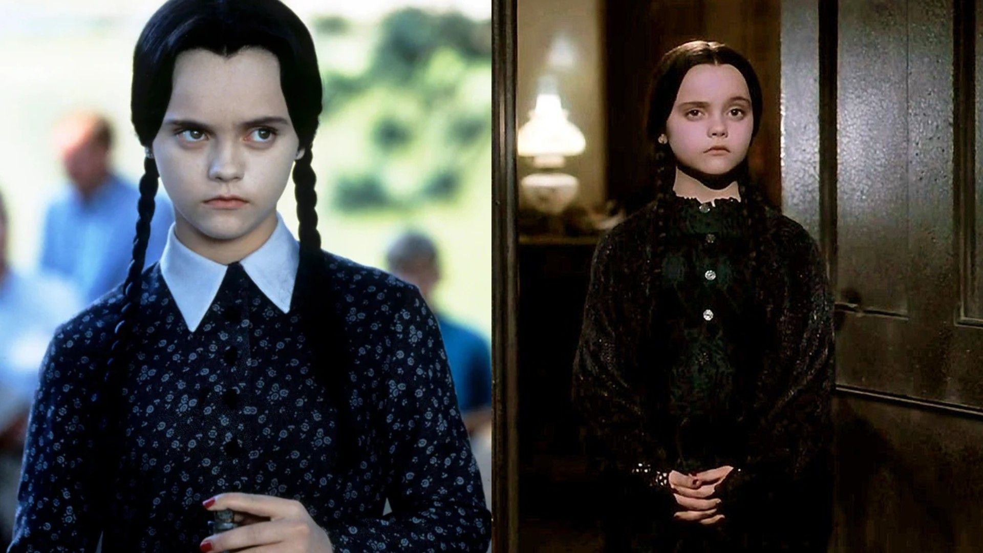 Christina Ricci nei panni di Wednesday Addams, collage di due foto