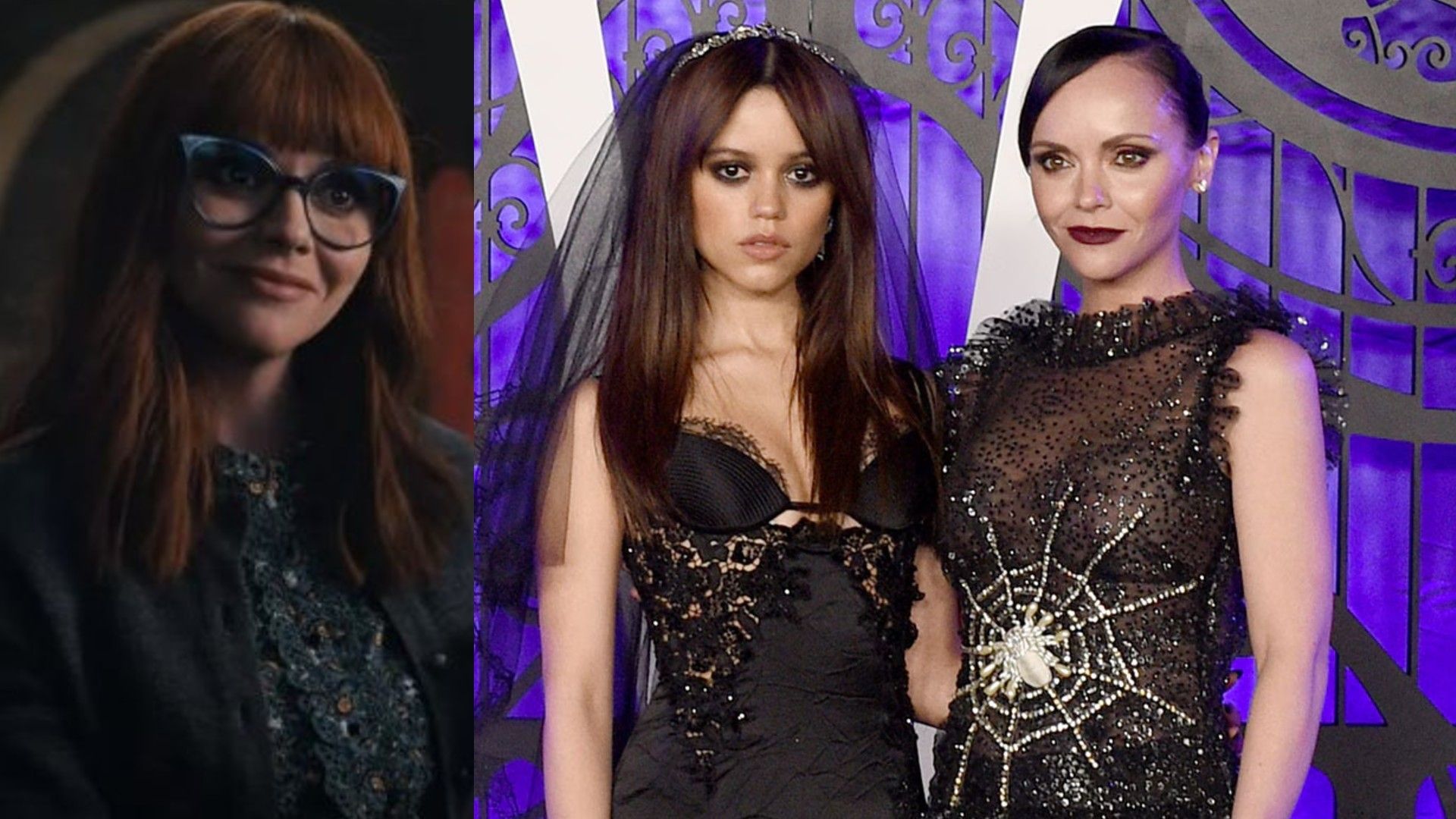 Christina Ricci con occhiali e capelli rossi insieme a Jenna Ortega in abiti neri su sfondo viola