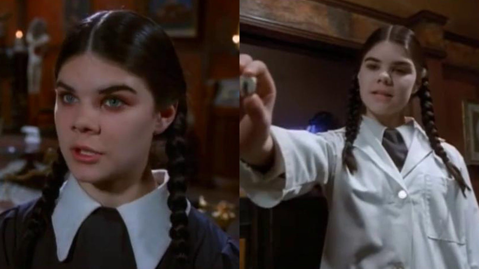 Nicole Fugere con trecce scure in vestito nero e vestaglia bianca in scene dal film