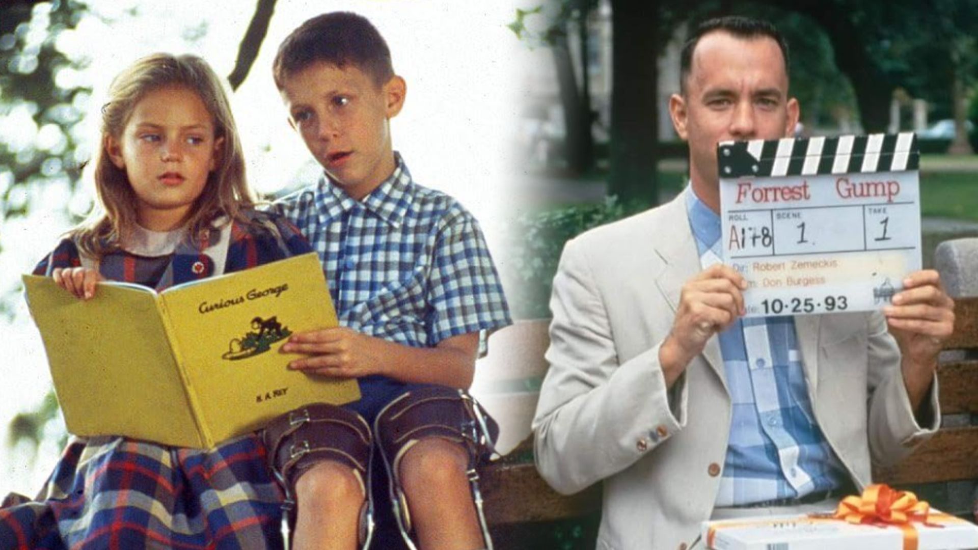 Un ragazzo e una ragazza seduti sul ramo di un albero leggono un libro mentre l'attore Tom Hanks tiene un ciak cinematografico a destra