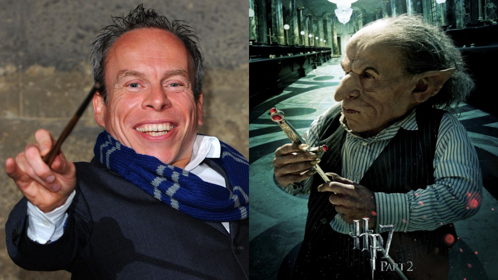 L'attore Warwick Davis in giacca nera che tiene una bacchetta, a destra è truccato da goblin