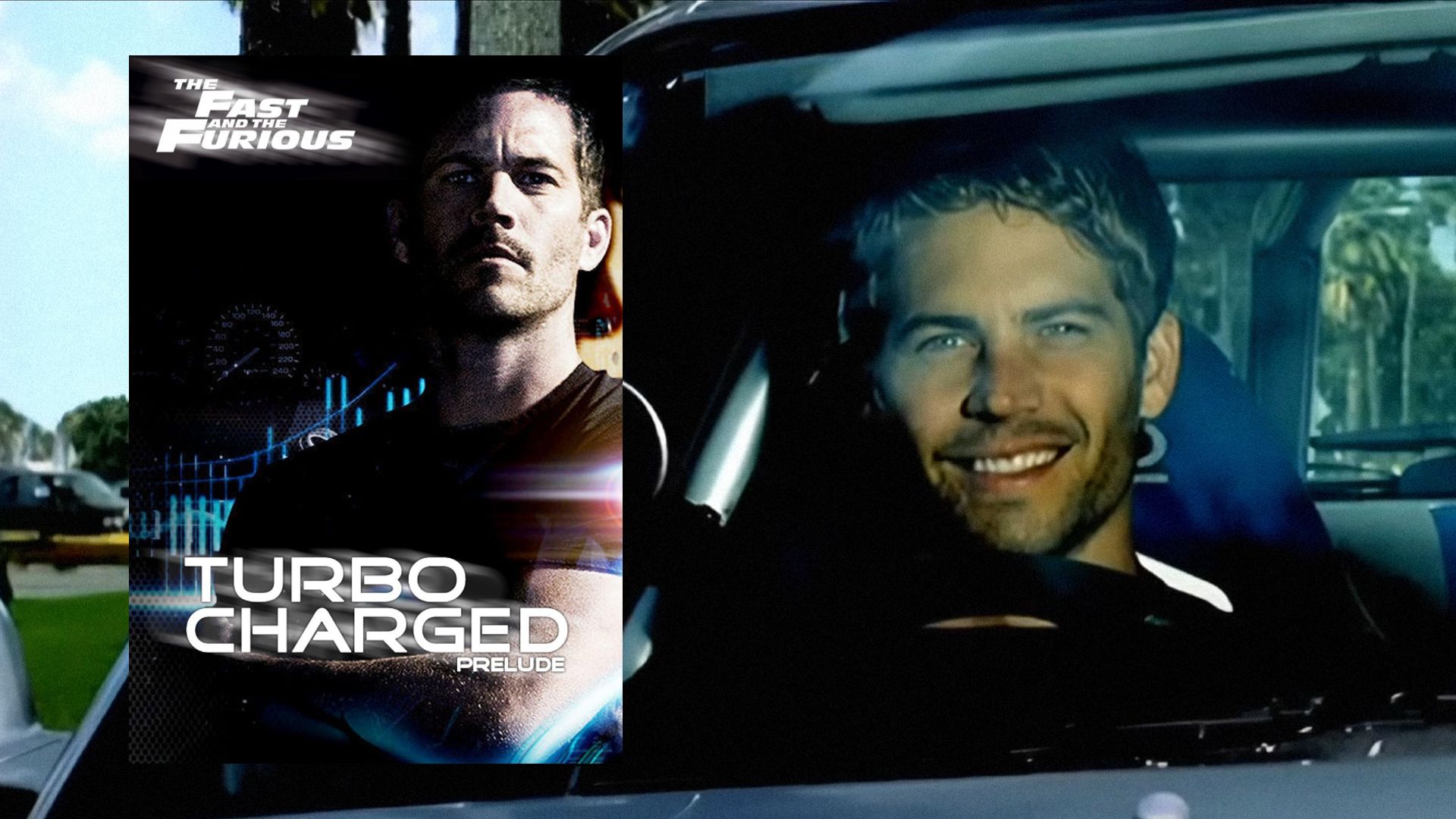 L'attore Paul Walker siede al volante di un'auto e sorride, con un poster del film a sinistra che mostra Paul in piedi con una maglietta nera