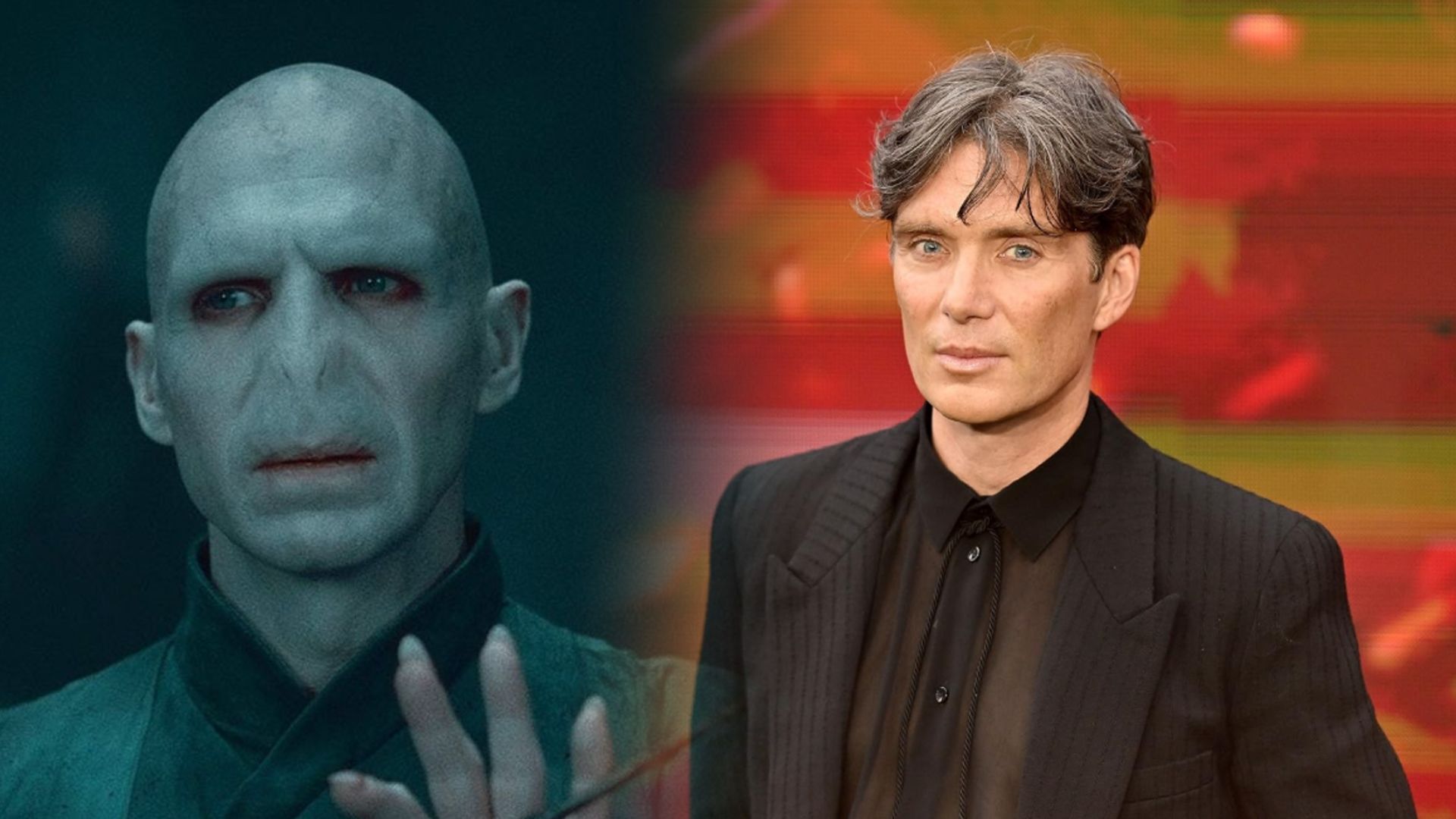 L'attore Ralph Fiennes truccato senza naso e l'attore Cillian Murphy in abito nero sul tappeto rosso