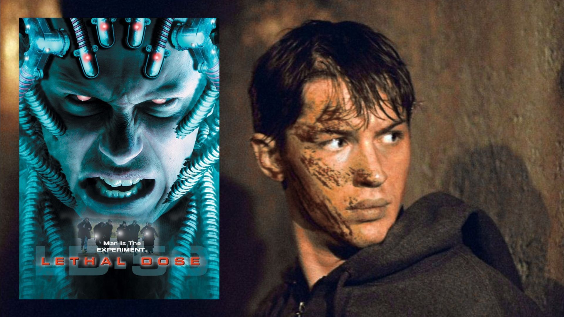 L'attore Tom Hardy con una felpa grigia con cappuccio sta vicino al muro, sulla sinistra c'è un poster del film che mostra un volto malvagio con dei fili