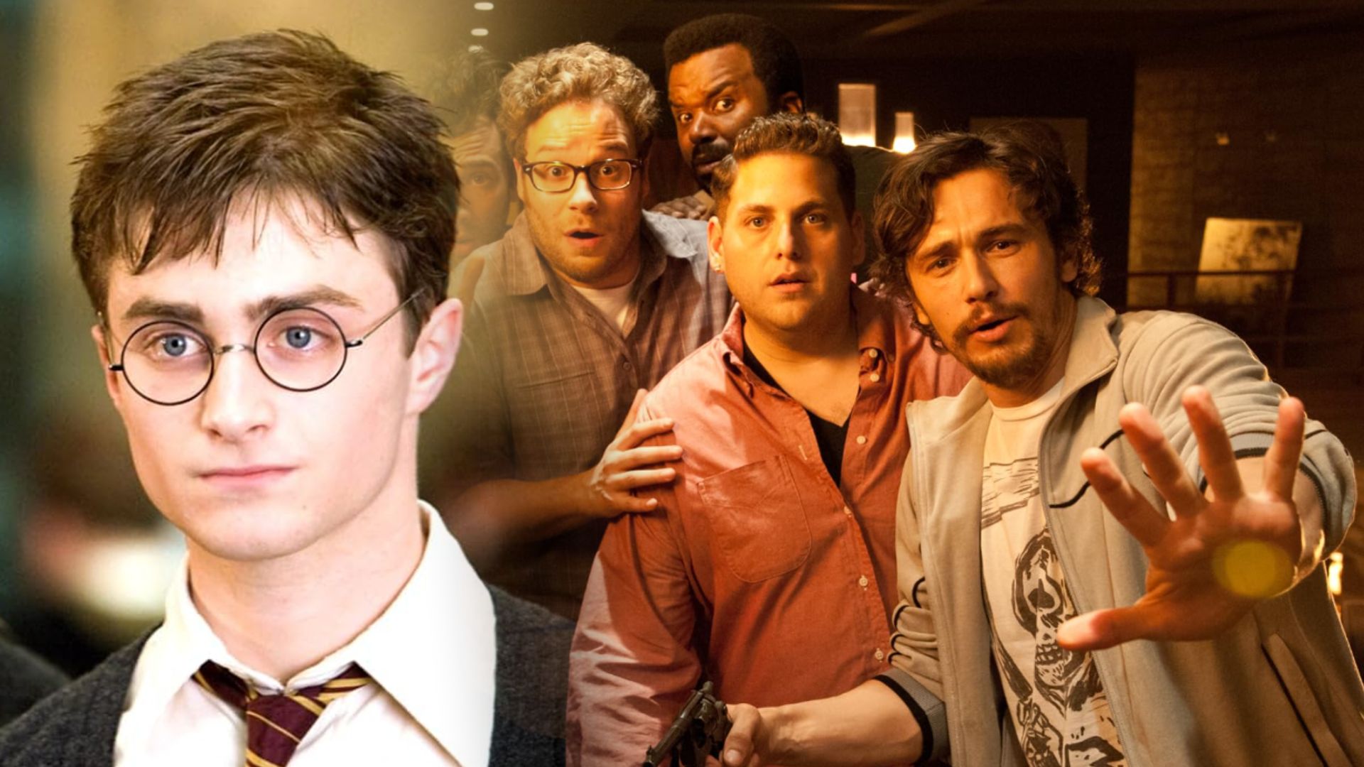 L'attore Daniel Radcliffe in uniforme scolastica e un gruppo di persone spaventate