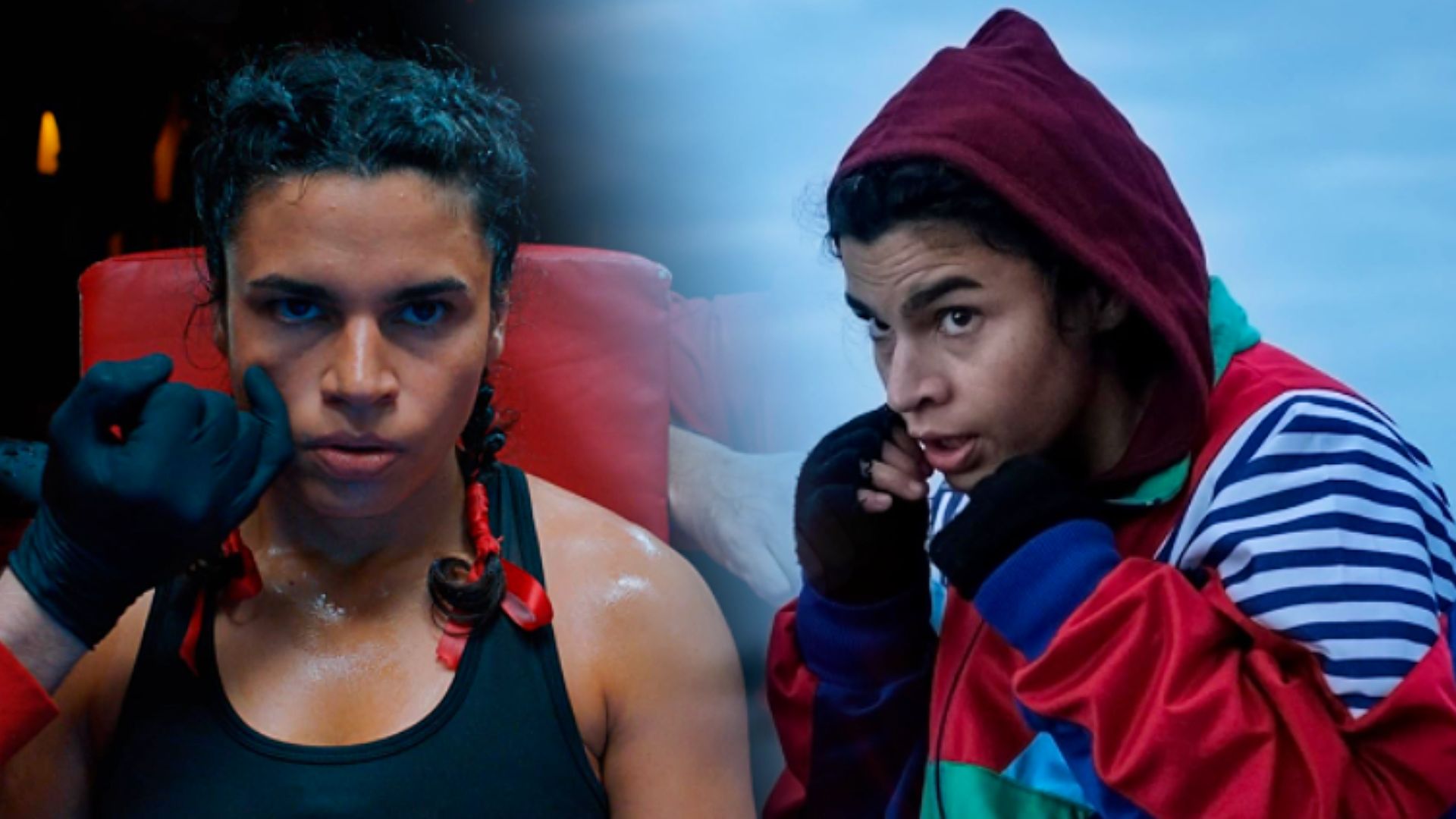Ragazza in canottiera nera sul ring da boxe, a destra indossa una giacca colorata mentre si allena con i pugni