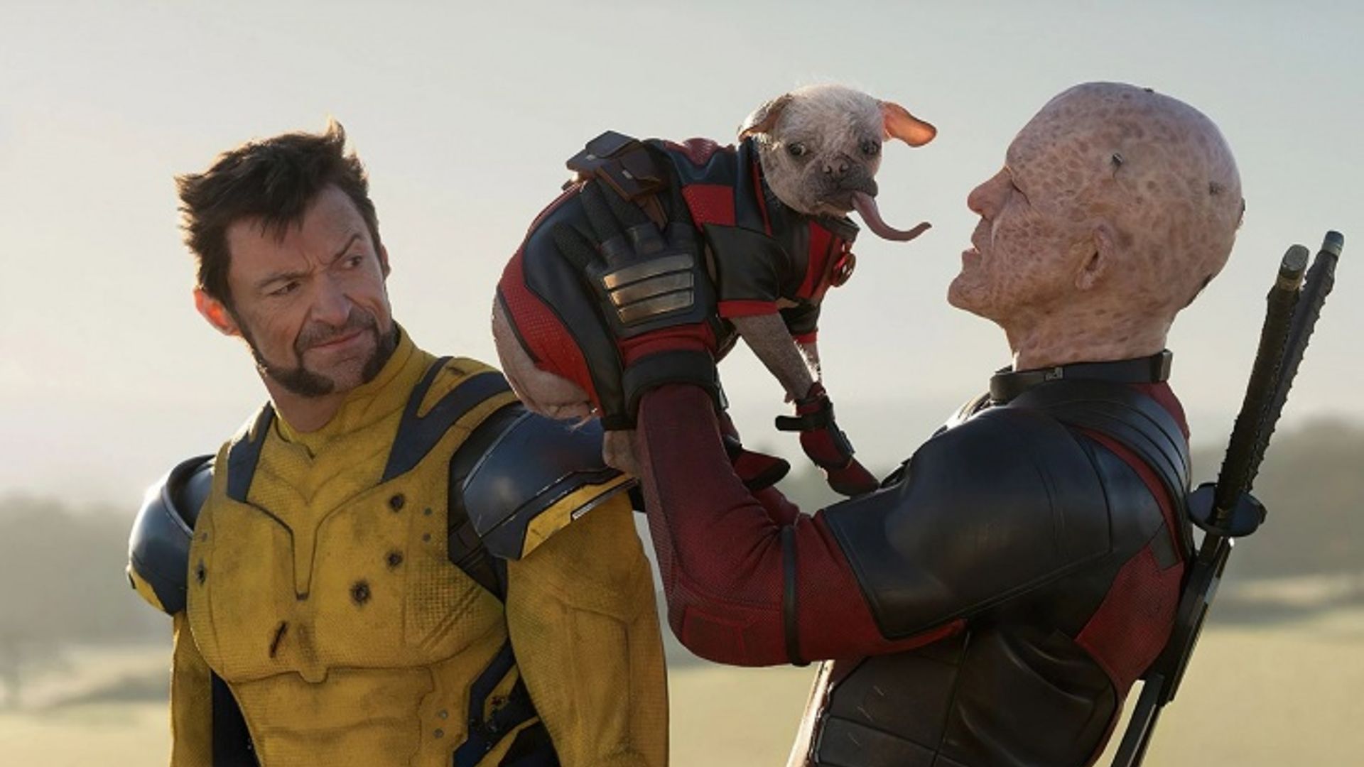 Deadpool che tiene in braccio un cane in costume mentre Wolverine nella sua tuta gialla li guarda sorpreso