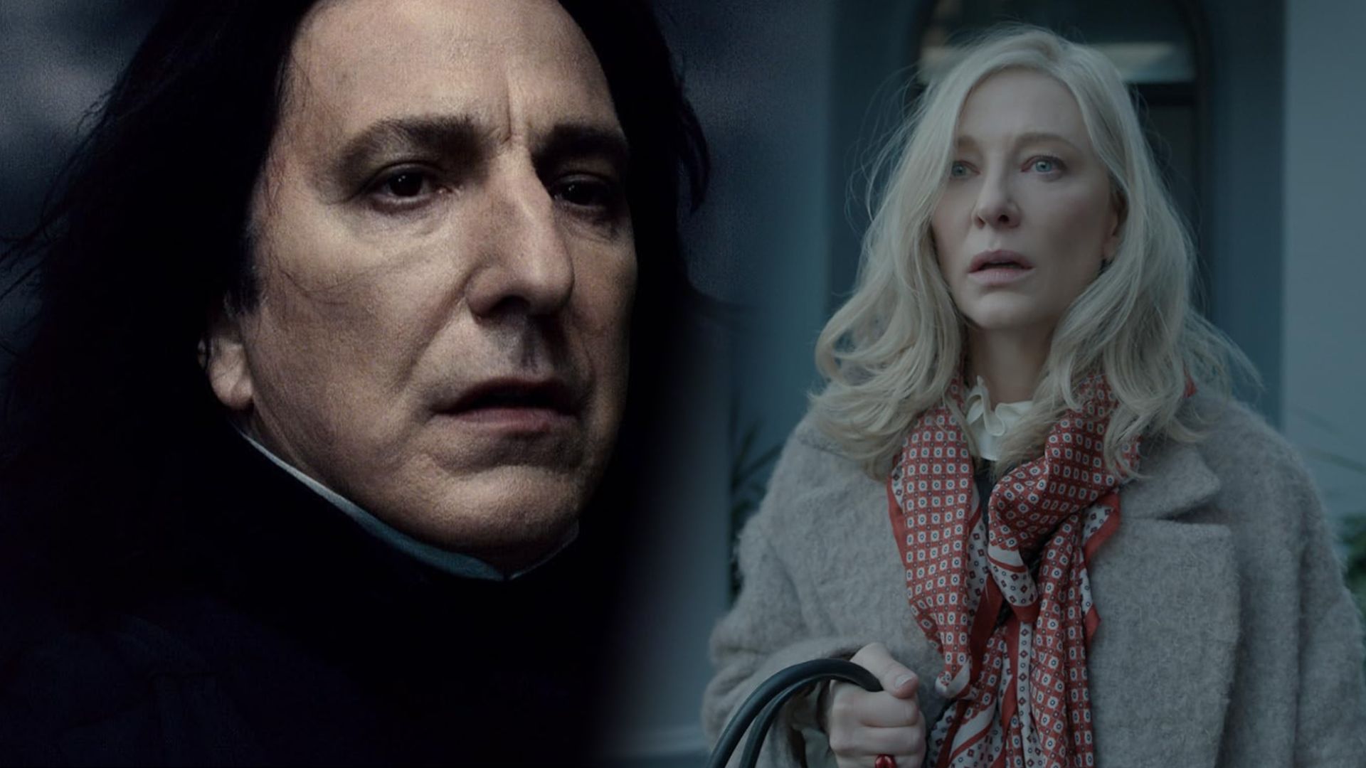 L'attore Alan Rickman con i capelli neri in un mantello nero, Cate Blanchett in un cappotto grigio