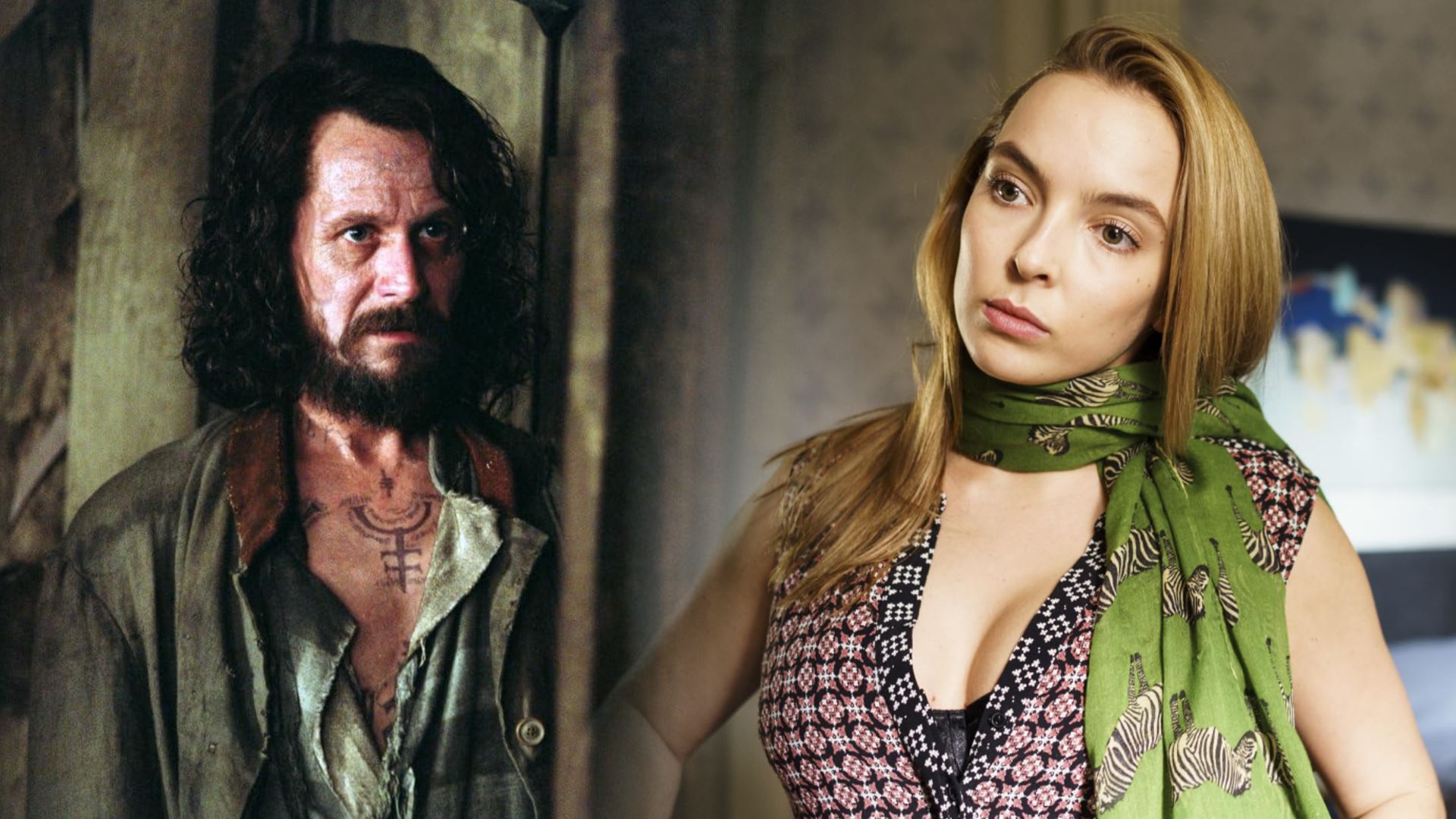 L'attore Gary Oldman in stracci, Jodie Comer in un gilet rosa con una sciarpa al collo