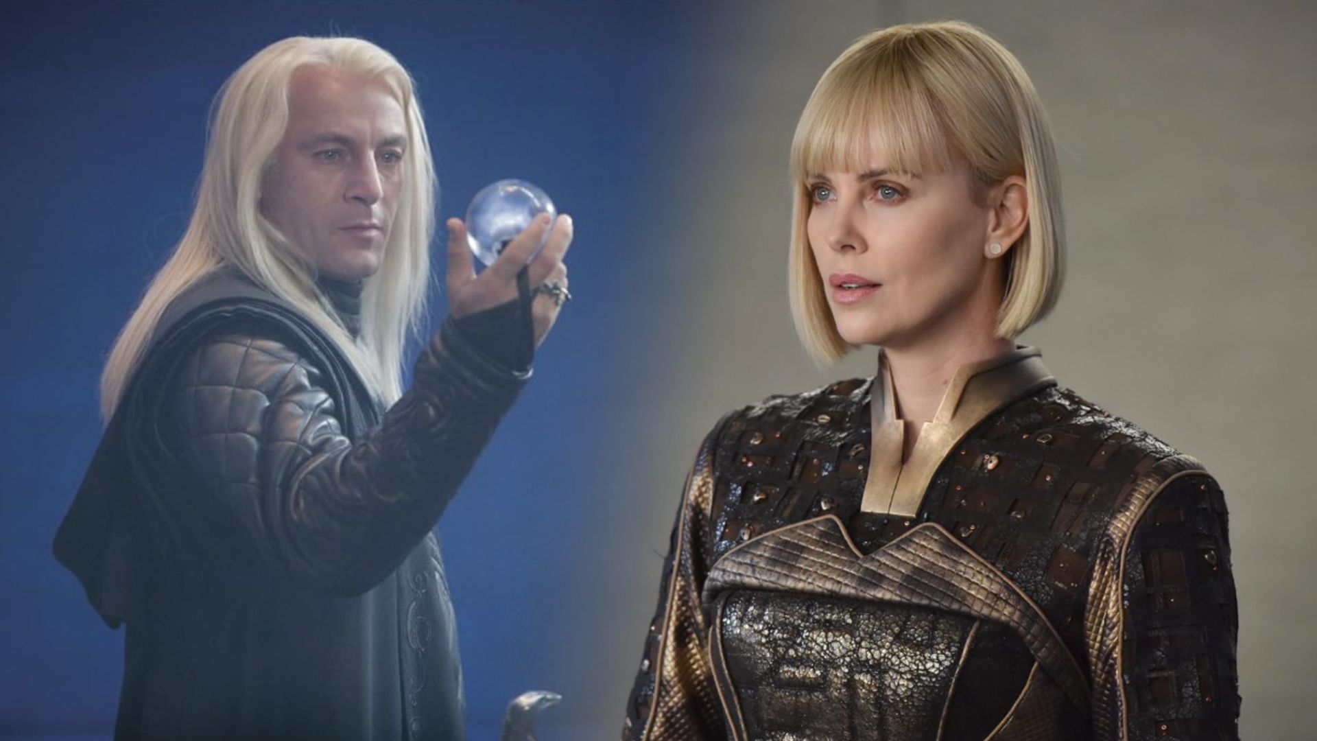 L'attore Jason Isaacs con lunghi capelli bianchi, Charlize Theron con capelli bianchi