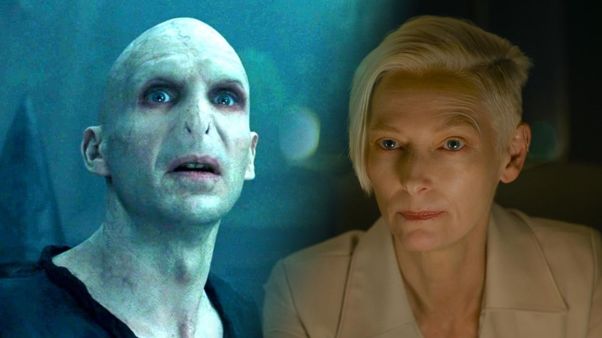 L'attore Ralph Fiennes senza naso e con la pelle grigia, l'attrice Tilda Swinton con i capelli bianchi e in giacca bianca