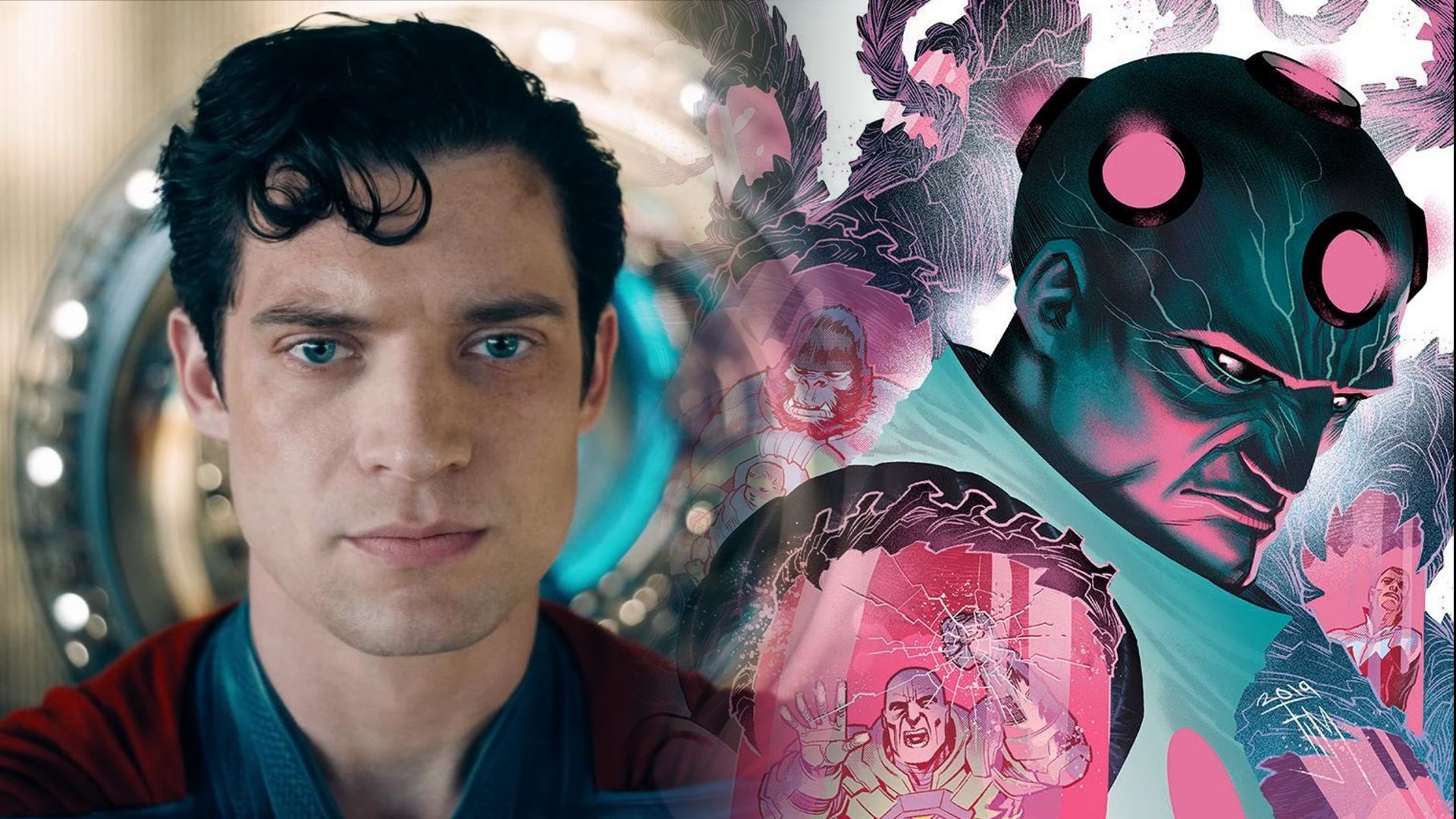 Un uomo in costume da supereroe blu e rosso, con una figura umanoide disegnata sulla destra con la testa rosa