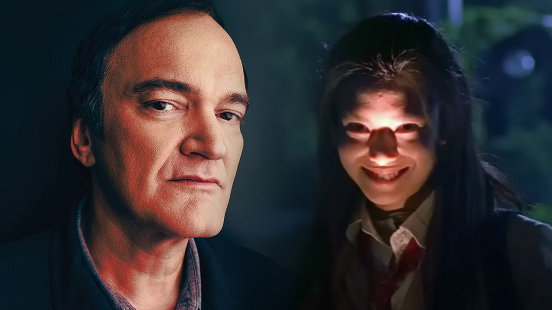 Il regista Quentin Tarantino in giacca nera, donna giapponese in uniforme scolastica a destra