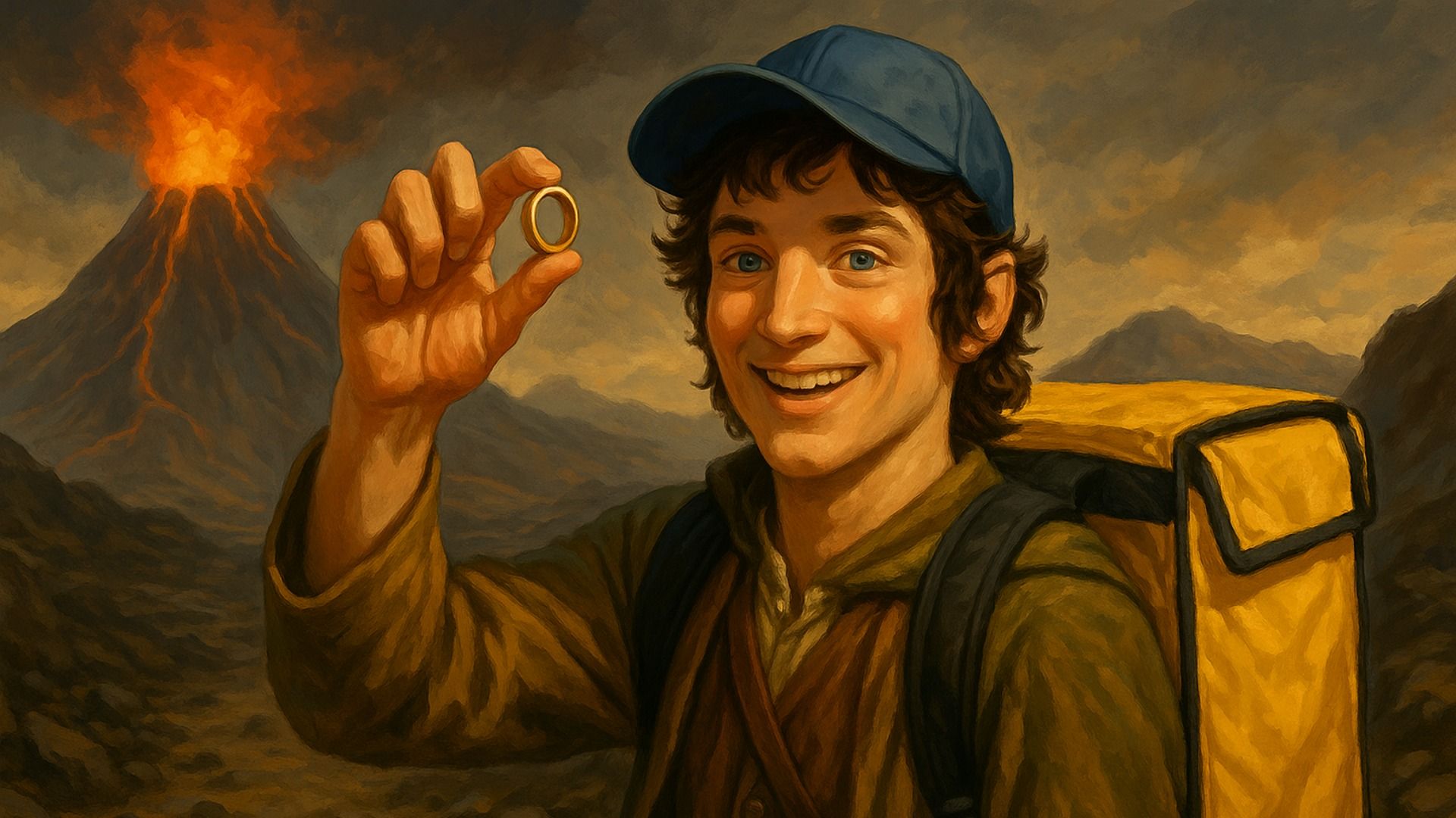 Disegno di un ragazzo con un berretto che tiene un anello d'oro, in piedi vicino a un vulcano