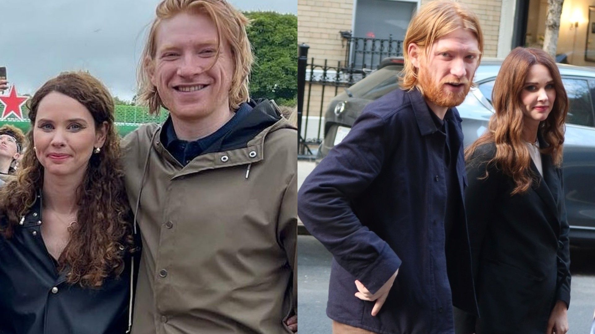 Domhnall Gleeson e Juliette Bonass, collage di due foto insieme