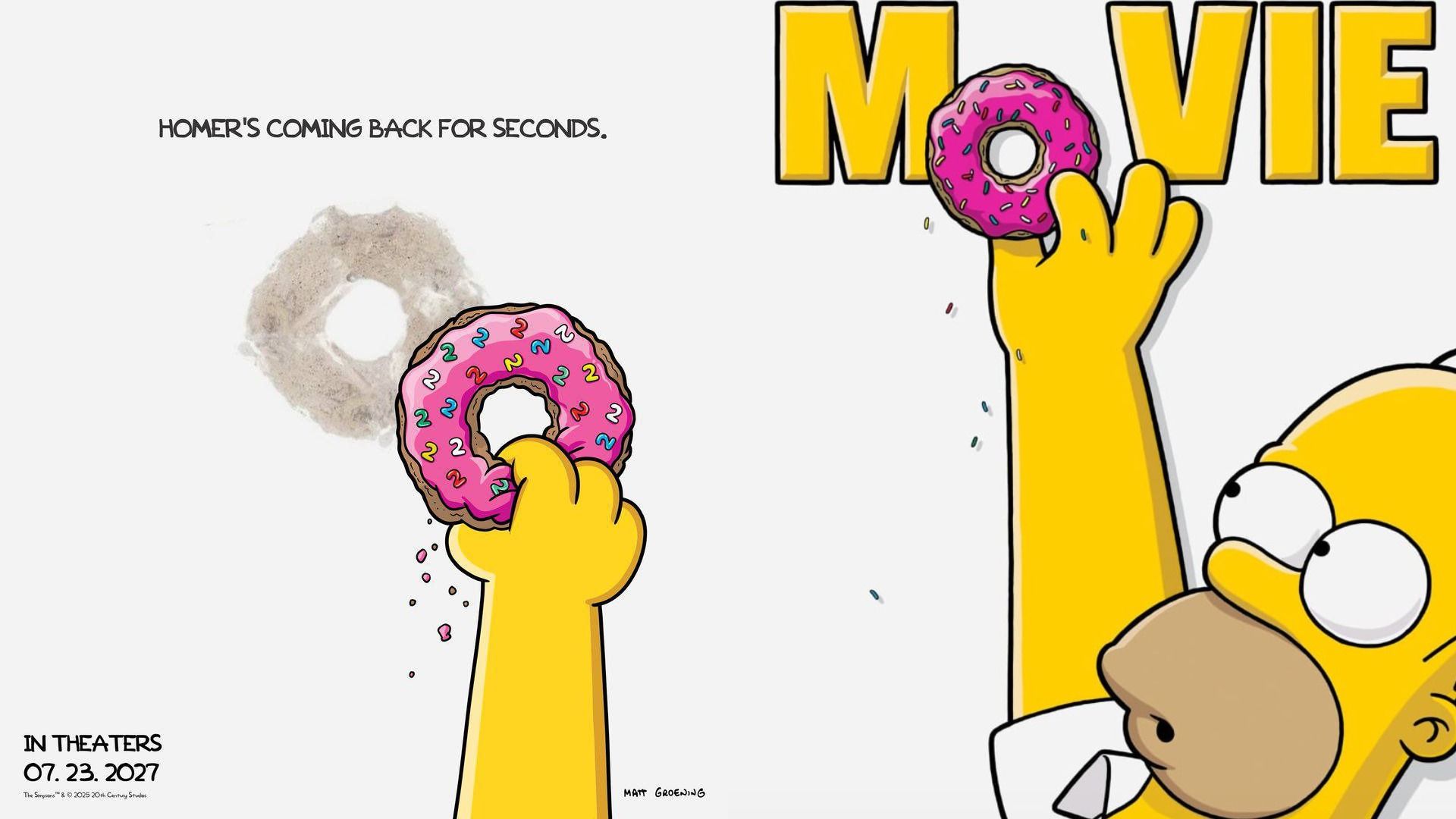 Uomo dei cartoni in maglietta bianca che allunga la mano verso una ciambella rosa