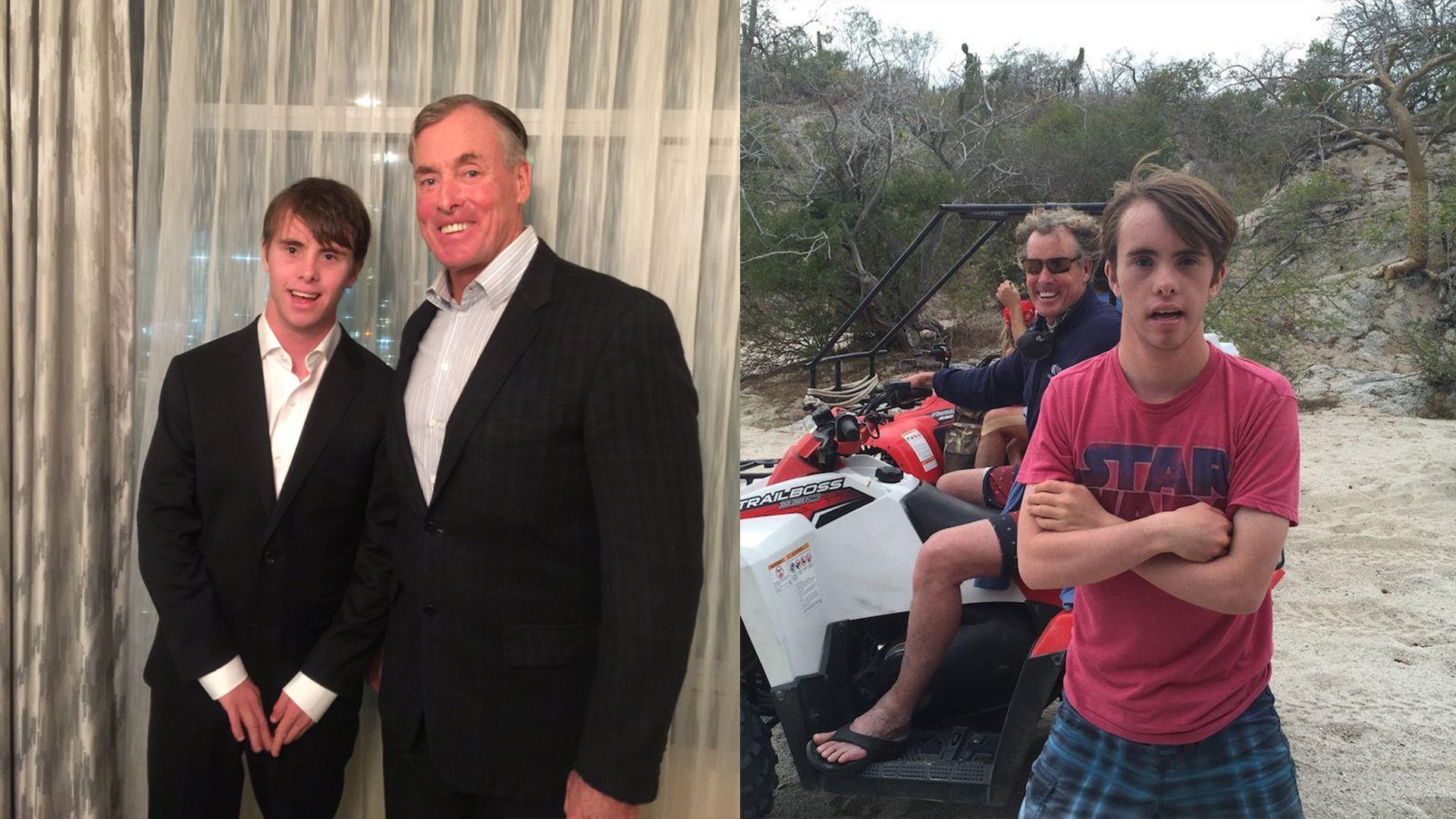 Collage: John C. McGinley e suo figlio Max in giacca; John C. McGinley con suo figlio Max in vacanza